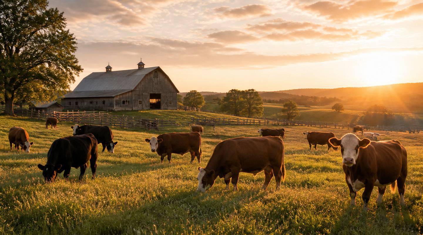 Cattle grazing at a family farm at sunset